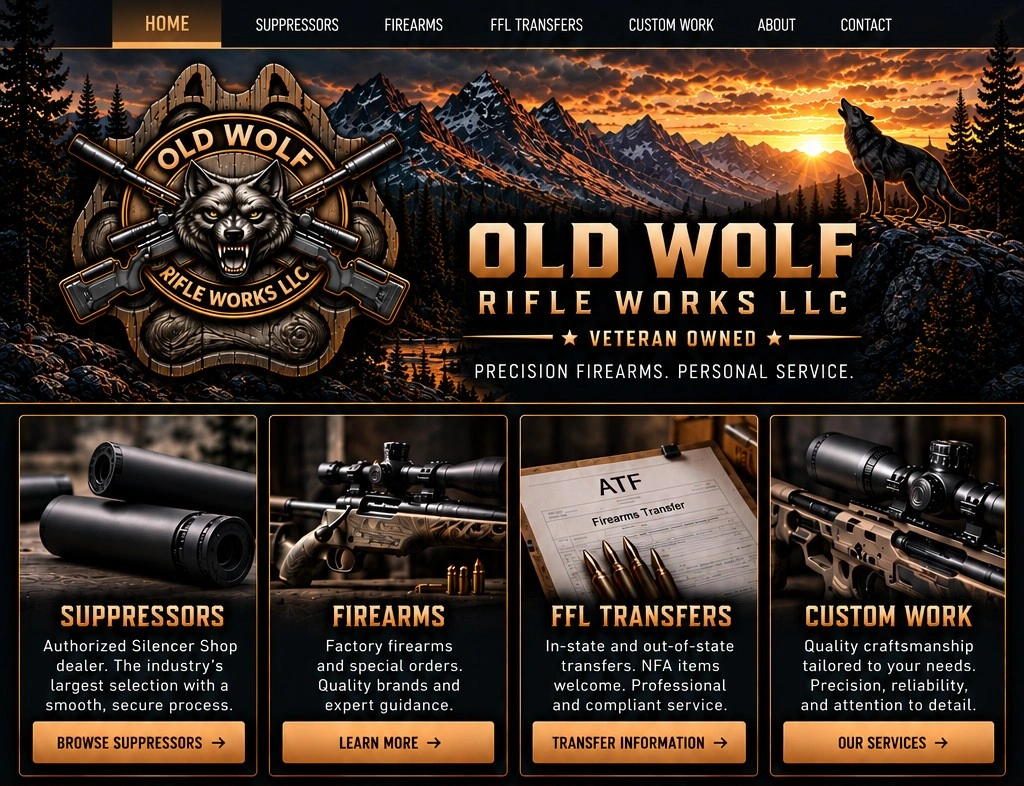 Old Wolf Rifle Works LLC, veteran-owned. Suppressors, firearms, FFL transfers, custom work.