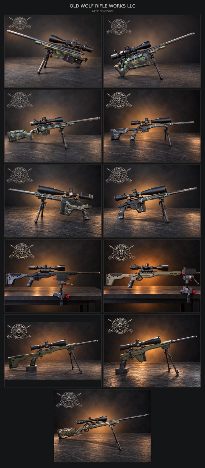 Eleven photographs of custom rifles, arranged in pairs with a final single rifle photograph at the bottom.